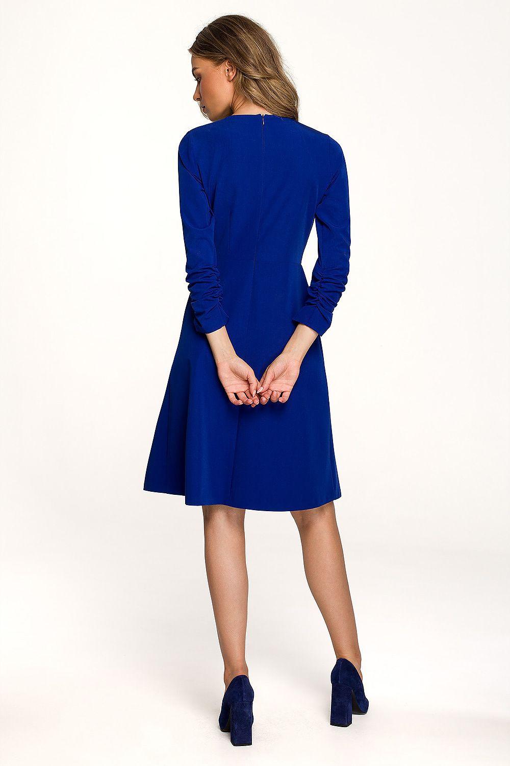 Blue long-sleeve daydress, keyhole neckline, button back detail