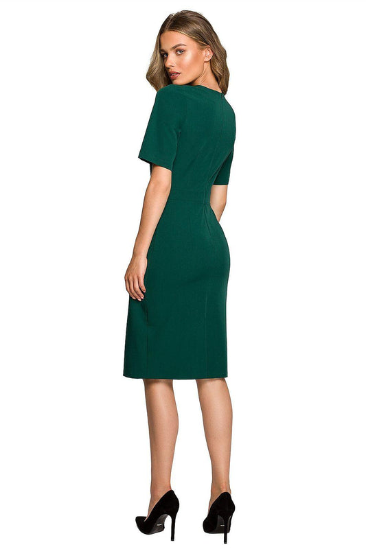 Green fitted day dress with short sleeves, back view, knee-length