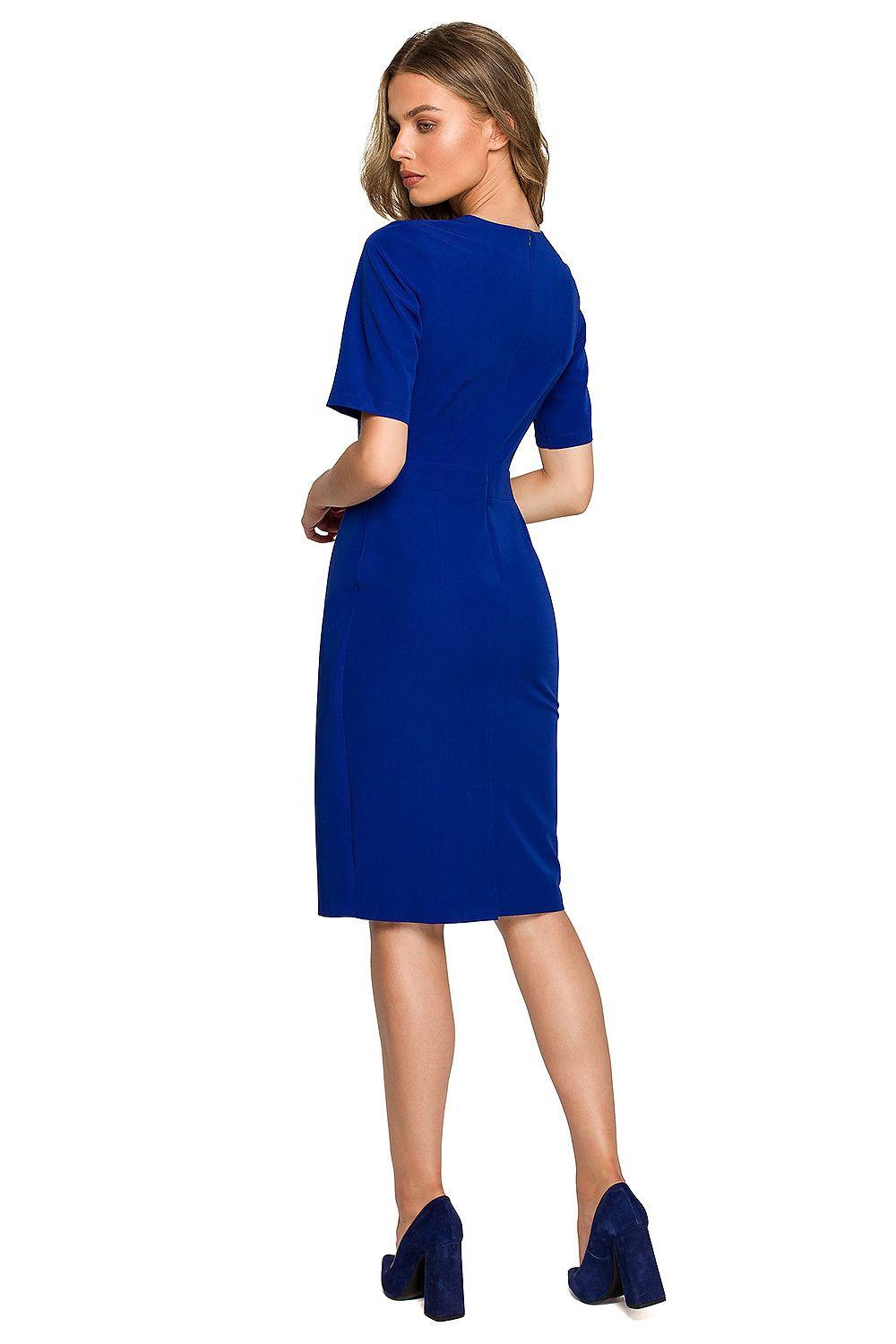 Blue short-sleeve day dress with crew neck and side slit, back view