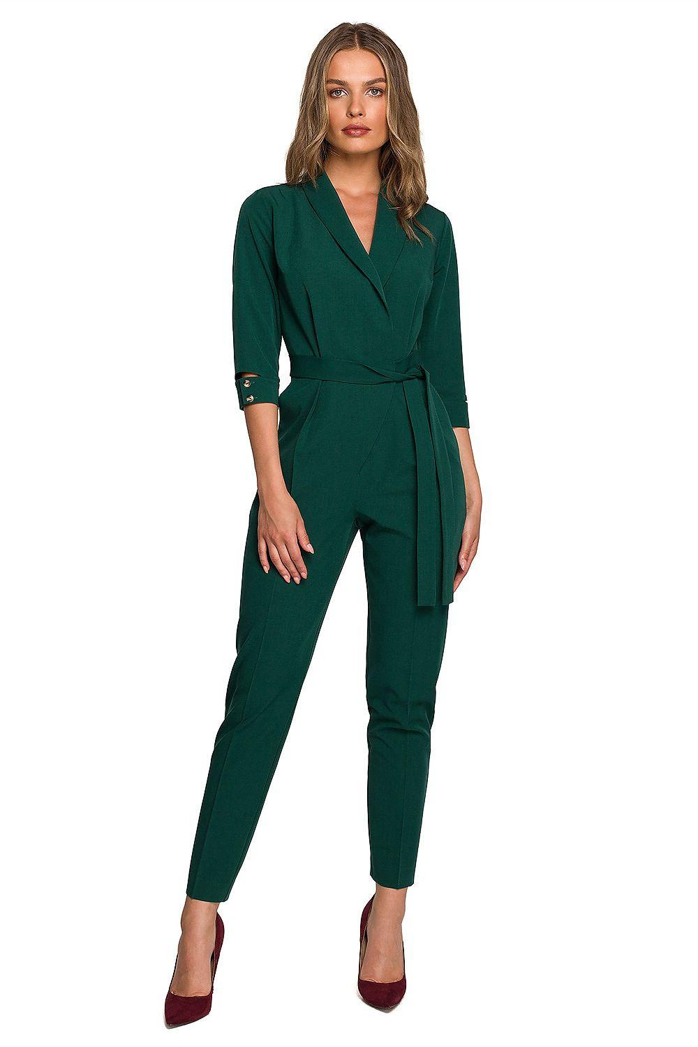 Green envelope-neck jumpsuit with waist tie, 3/4 sleeves and tapered legs