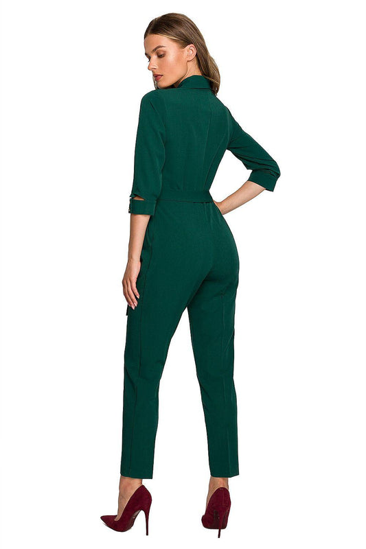 Stylove dark green belted V-neck jumpsuit with 3/4 sleeves, back view