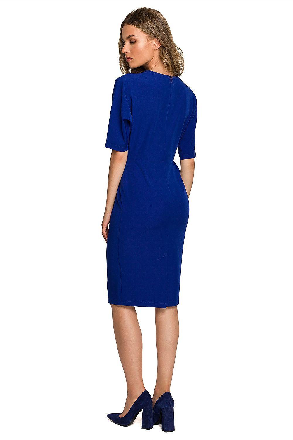 Stylove daydress, blue, V-neck overlap front, short sleeves, knee-length, side view