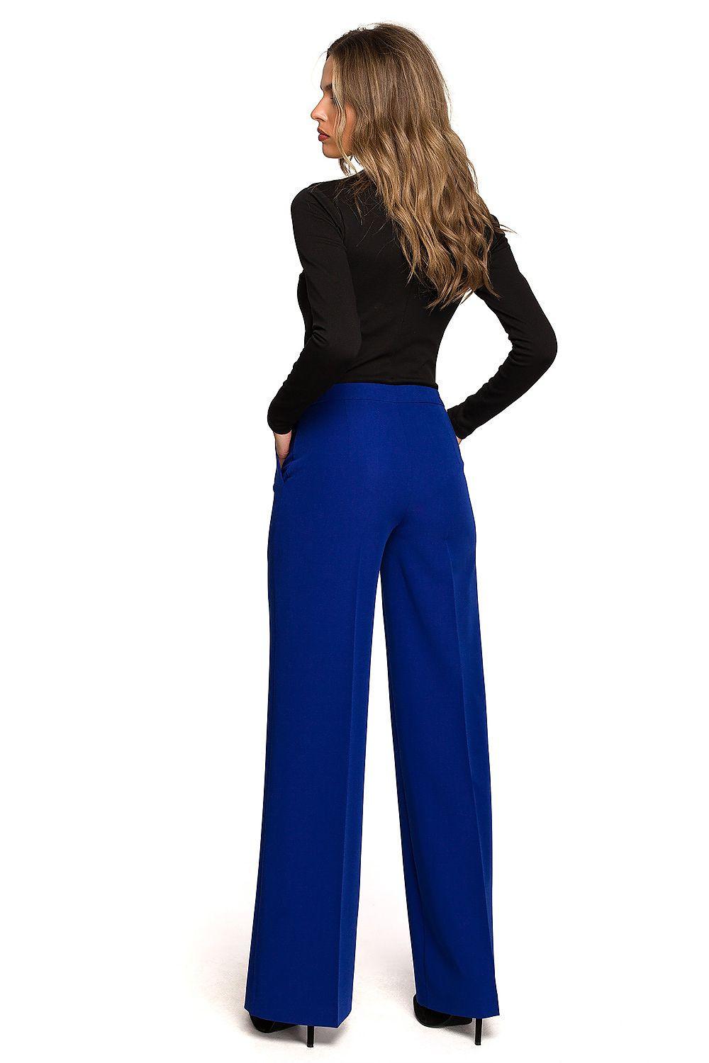 Women’s blue wide-leg trousers, back view, high waist with straight wide legs