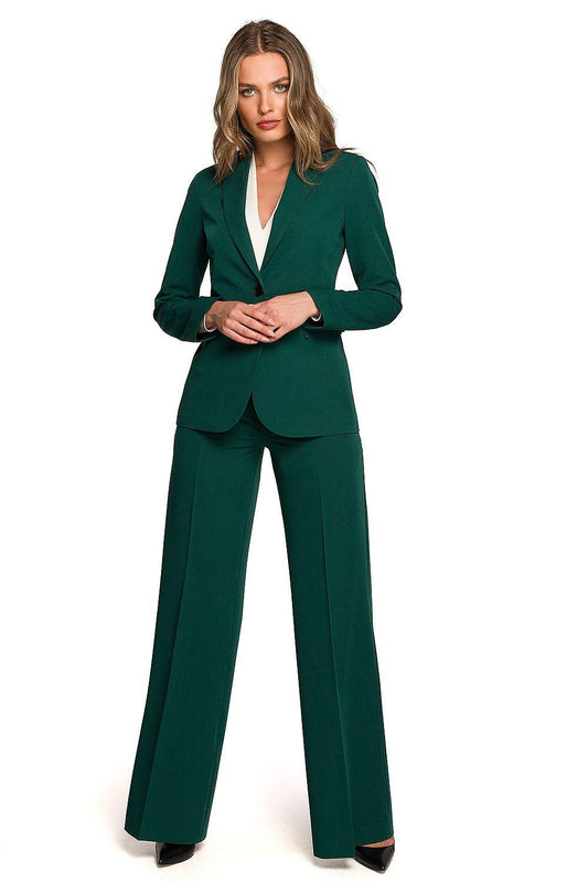 Green one-button blazer with matching wide-leg pants, notched lapels.