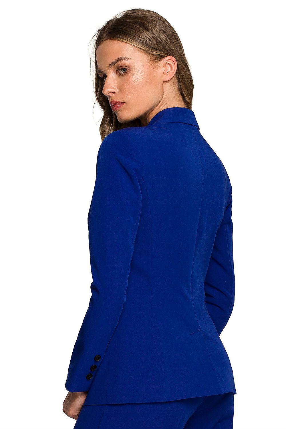 Women's one-button blazer jacket with notched lapel, long sleeves, single front button detail.