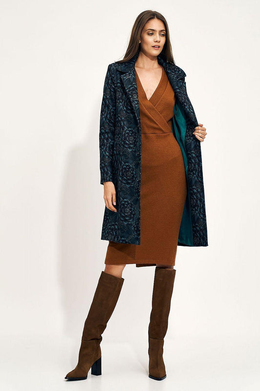 Floral long coat in dark teal blue with button front and collared neckline