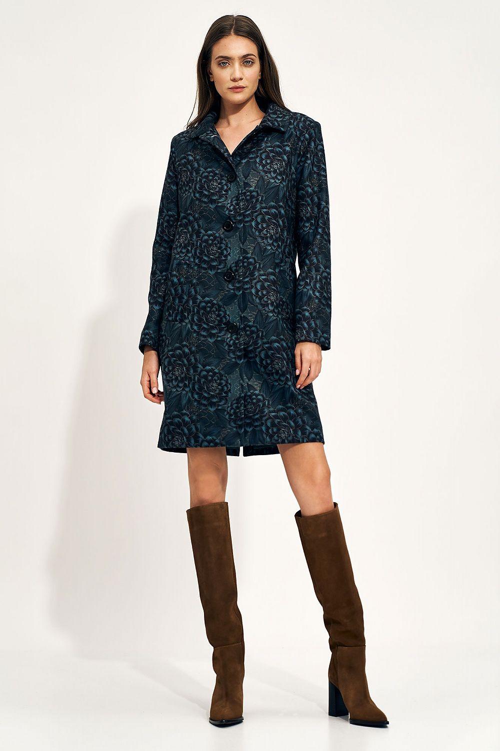 Knee-length floral coat with button front and notch collar, dark teal pattern, long sleeves