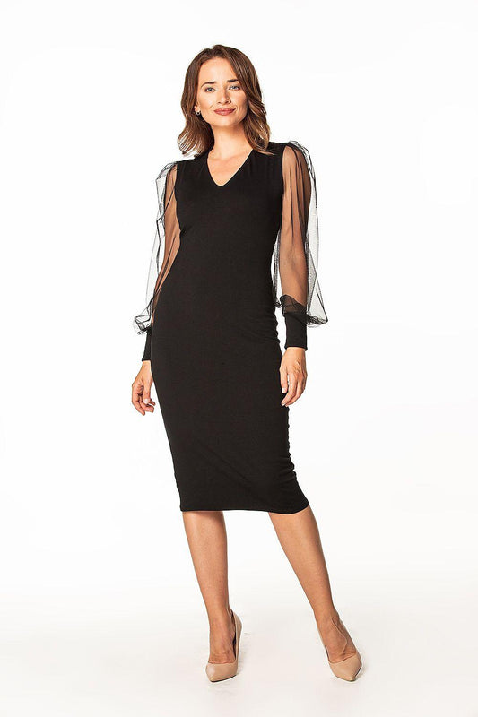 Black fitted evening dress with sheer sleeve overlays and V-neck, knee-length