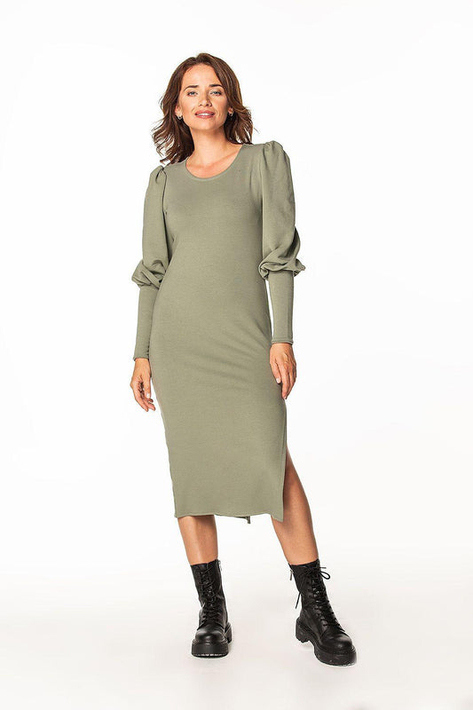 Green midi day dress with round neckline, long sleeves, fitted shift silhouette