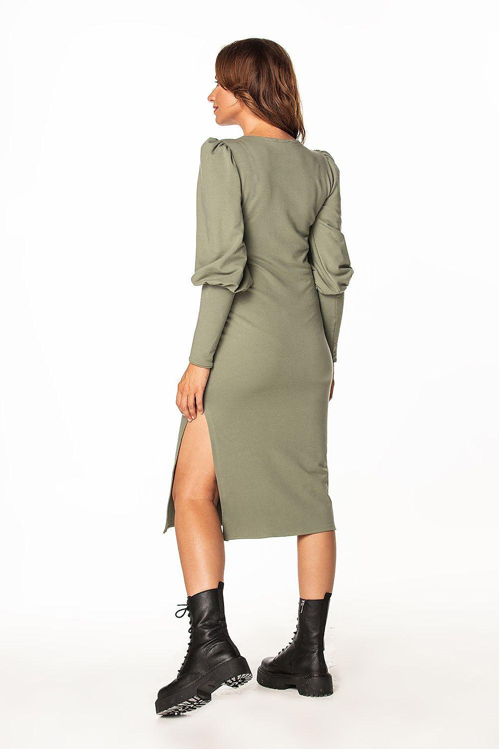 Olive green daydress back view with puff sleeves and side slit