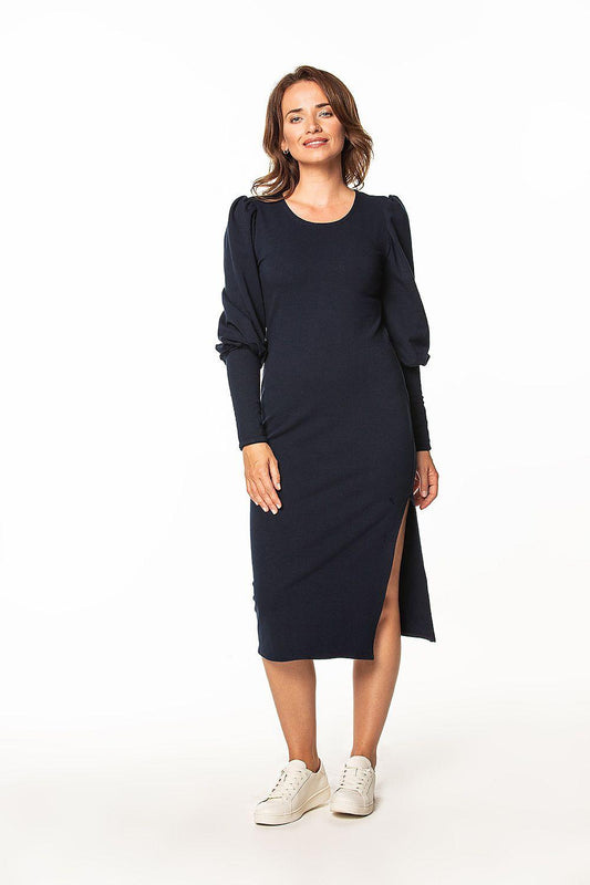Navy blue midi daydress with long puff sleeves and round neck, side slit