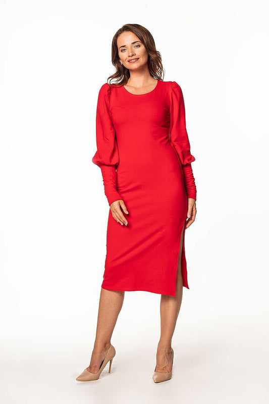 Red fitted midi daydress with long gathered sleeves, crew neck, side slit
