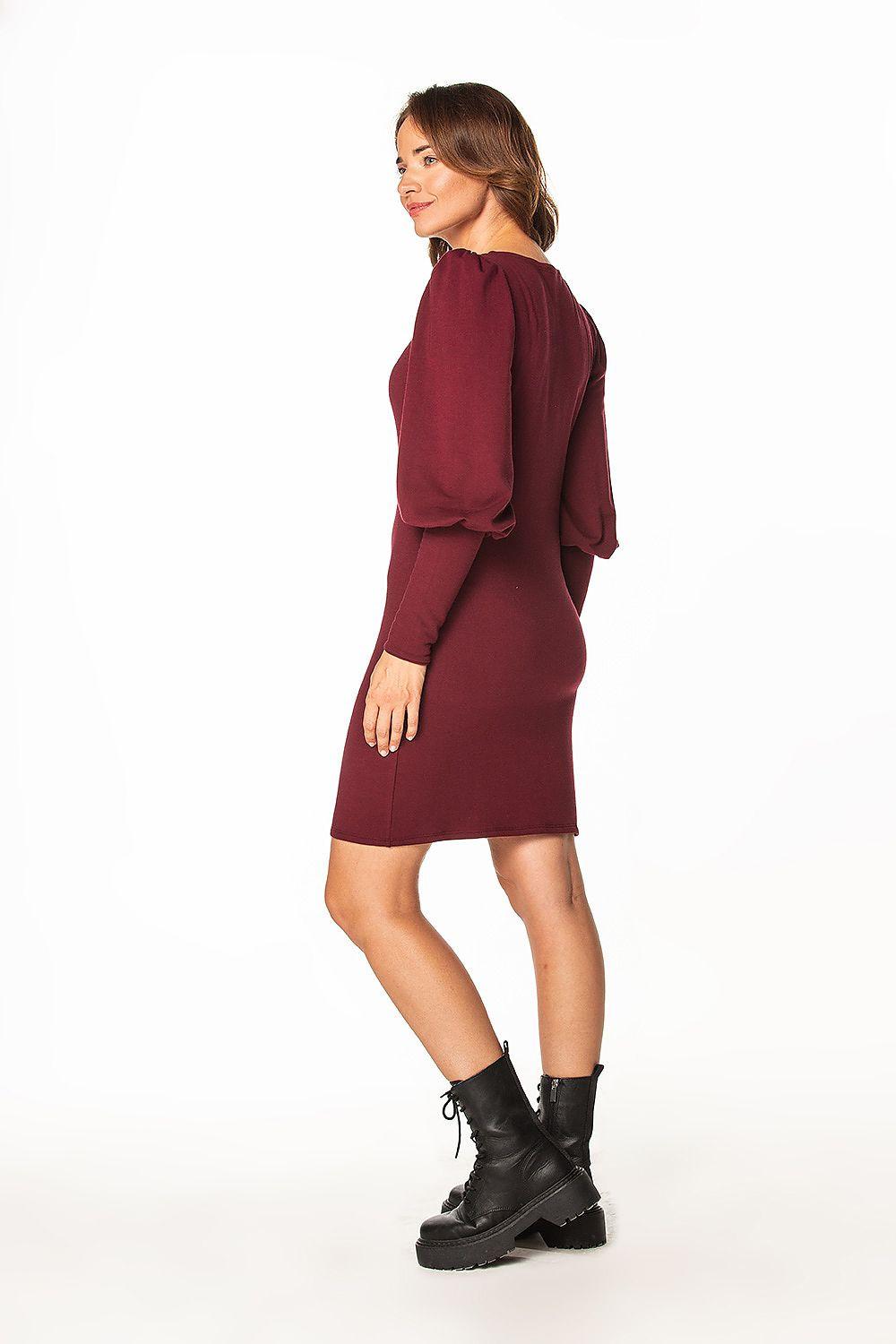 Burgundy daydress side view with long puff sleeves and round neckline