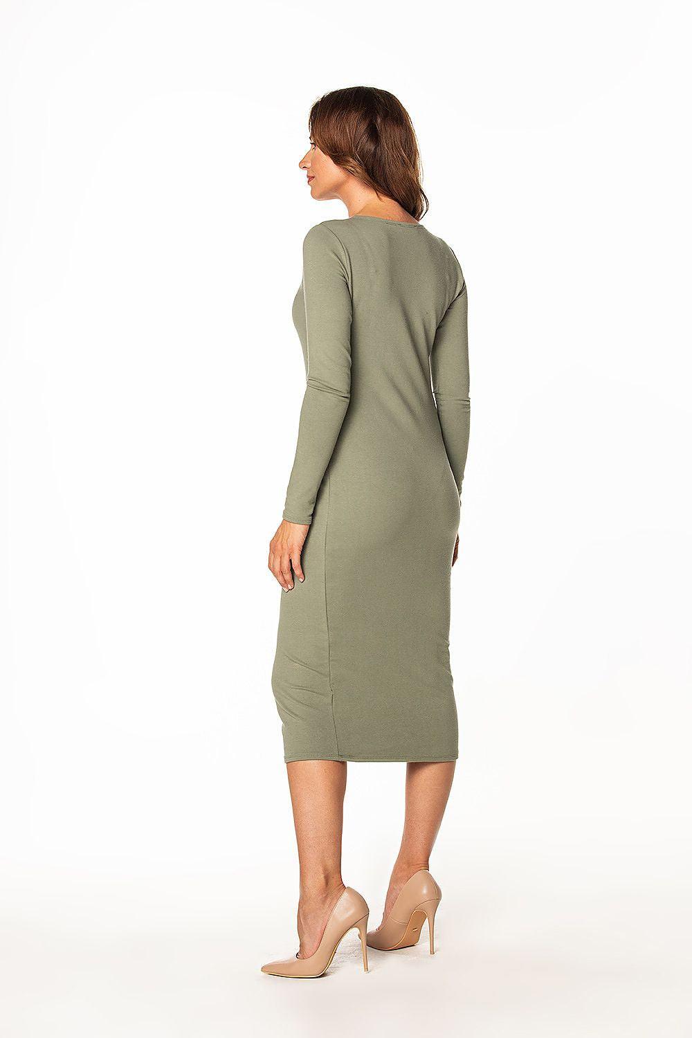 Green long-sleeve fitted day dress with round neckline, midi length, back view