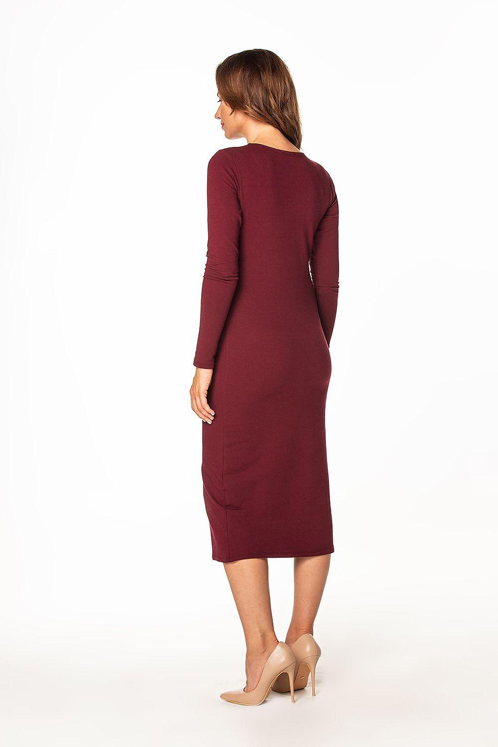 Tessita dark red day dress with 3/4 sleeves and round back, midi length