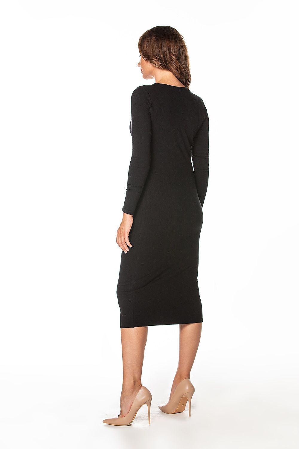 Black long-sleeve midi daydress with crew neck, back view.