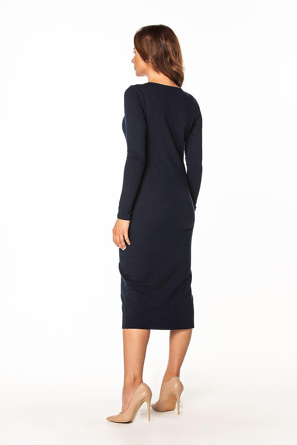 Tessita navy blue daydress back view, long sleeves and fitted midi length