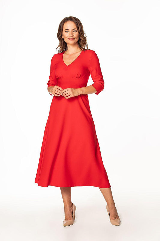 Red V-neck day dress with 3/4 sleeves and gathered waist