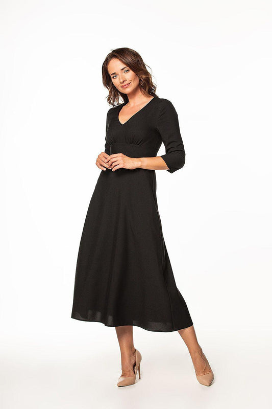 Black V-neck long-sleeve day dress with gathered waist, midi length