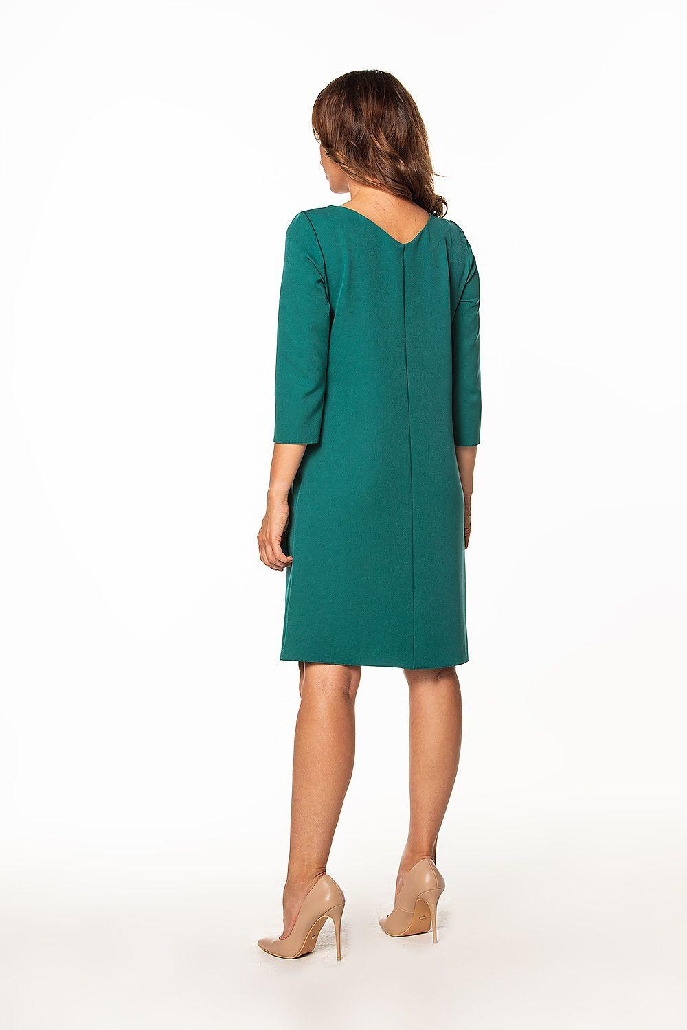 Teal daydress with crew neckline and 3/4 sleeves, back view, knee length