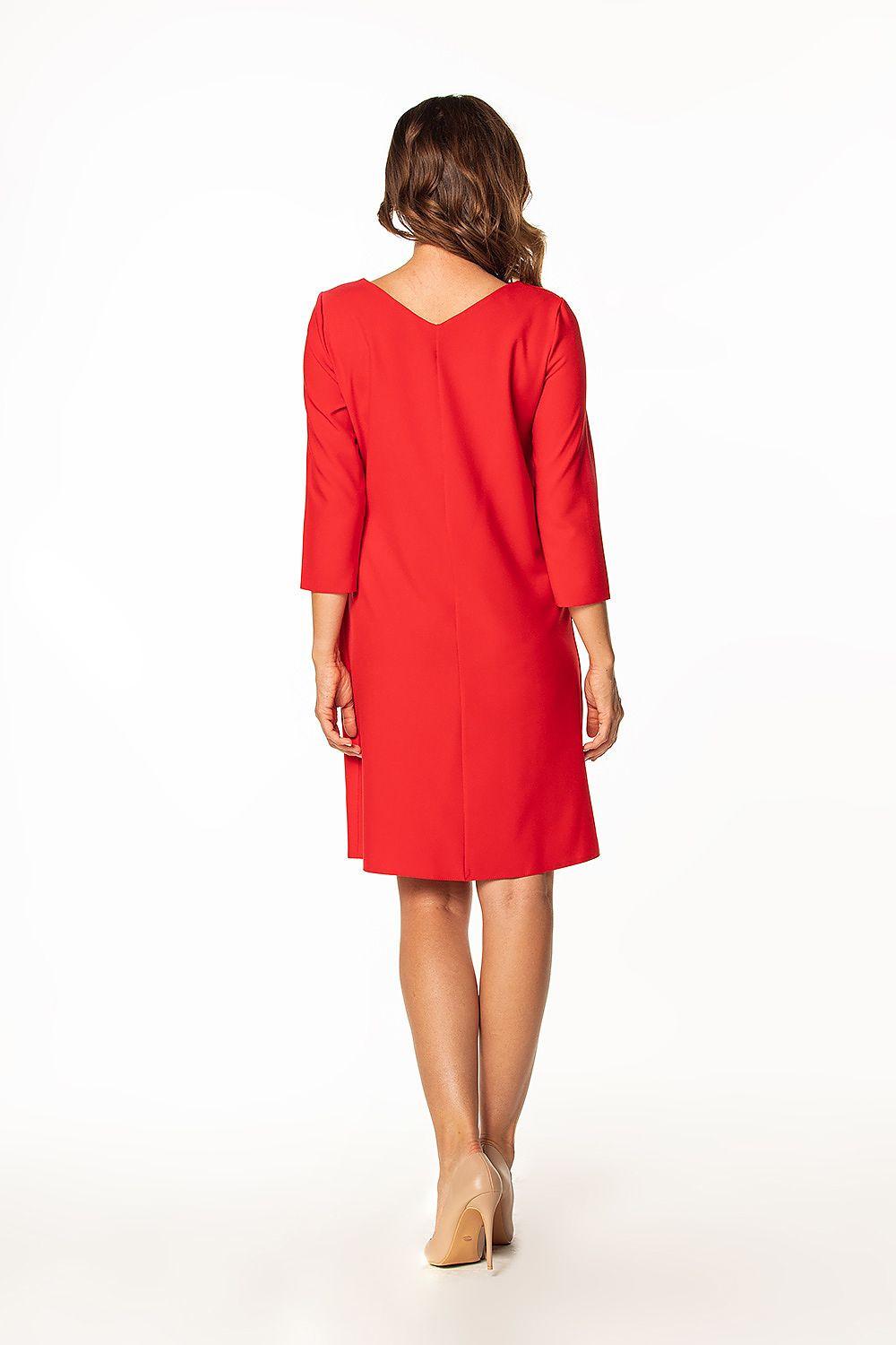 Red daydress back view with 3/4 sleeves and V-shaped neckline