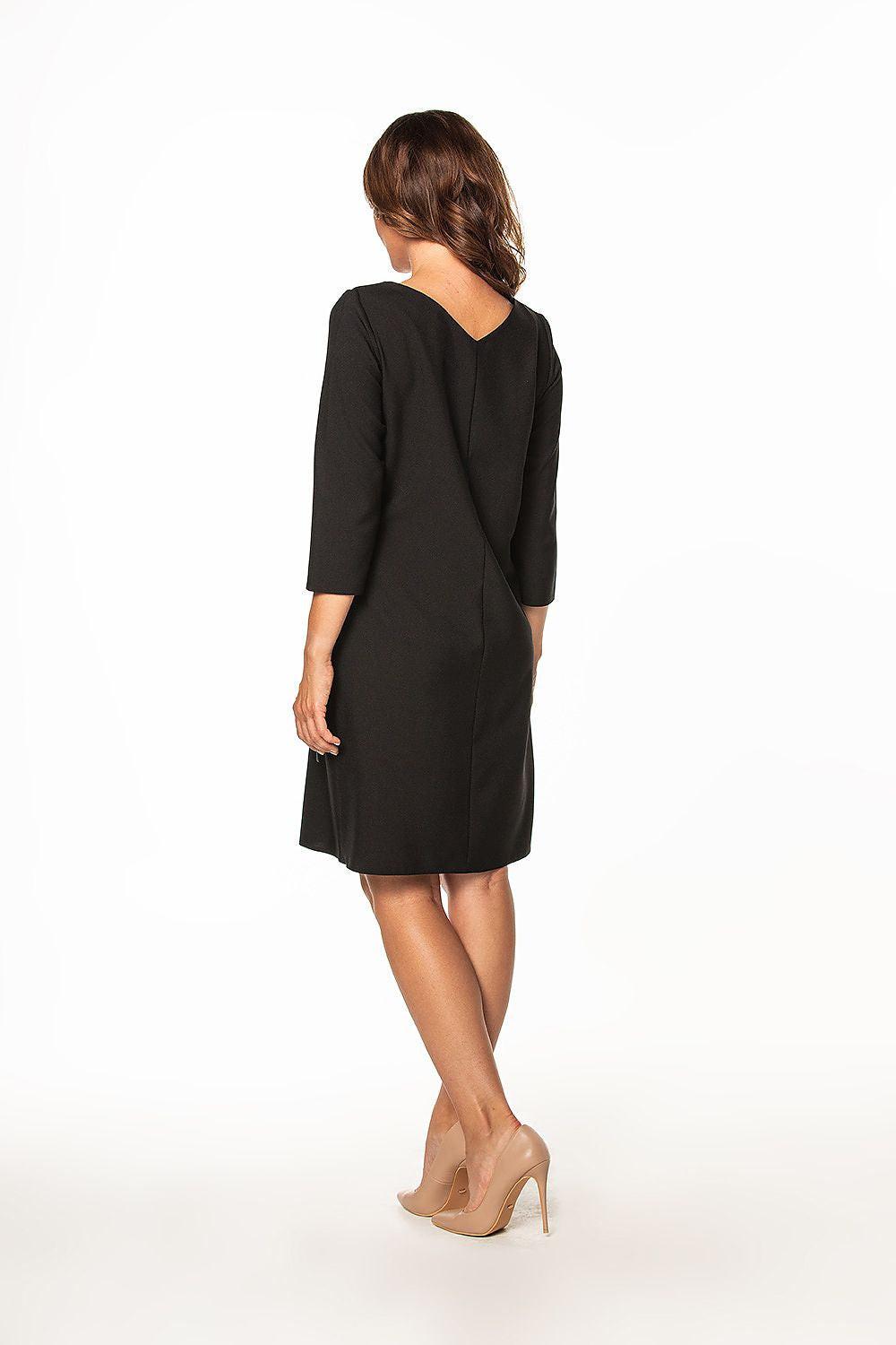 Women's black daydress with 3/4 sleeves, rounded back neckline, tied waist