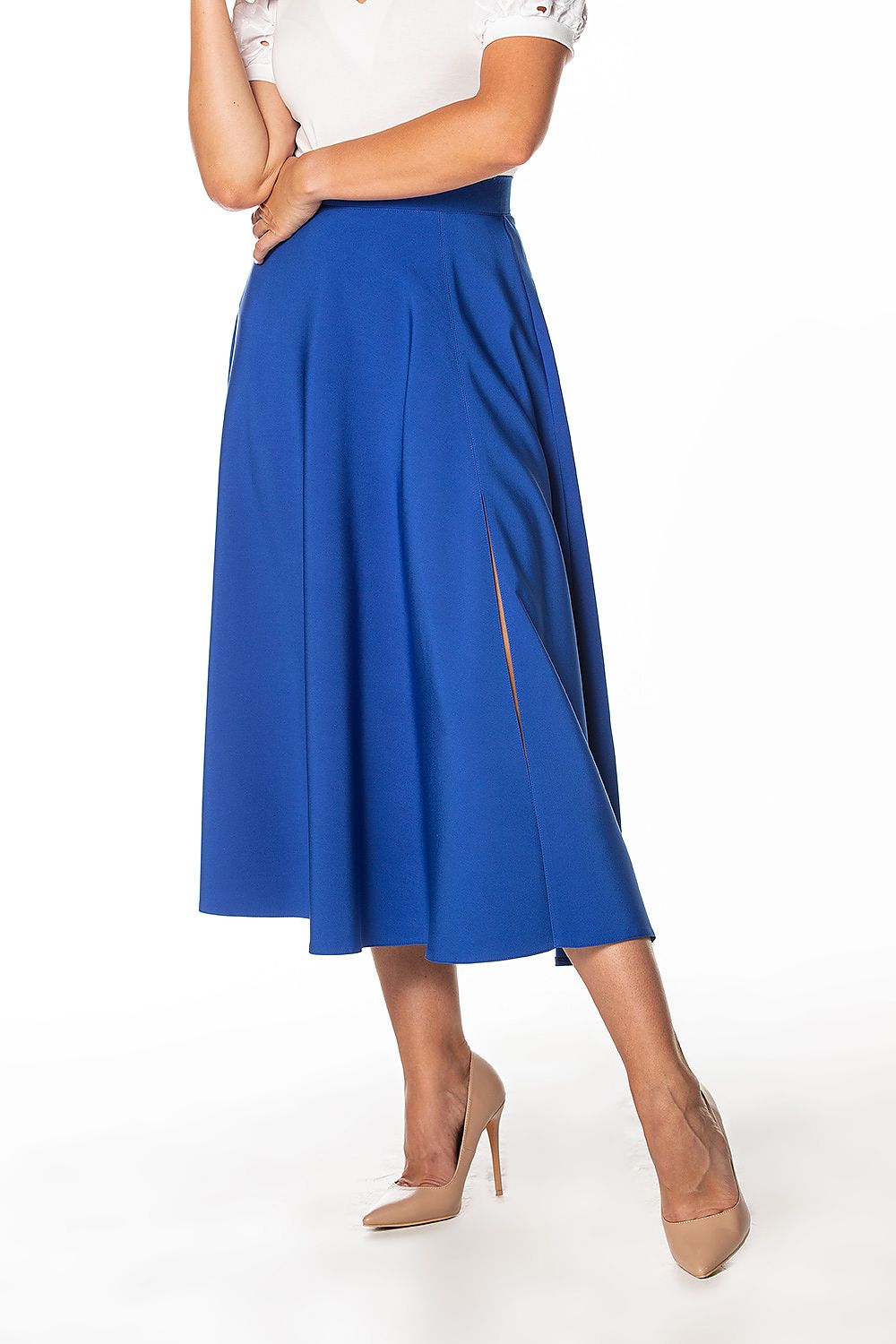 Blue mid-calf slit skirt with side zipper detail