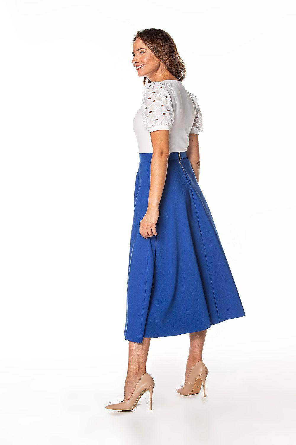 Blue midi A-line skirt with side slit and pleated panels