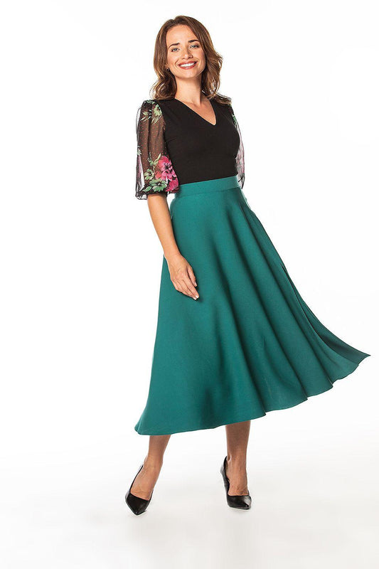 Teal green midi A-line skirt with soft pleats
