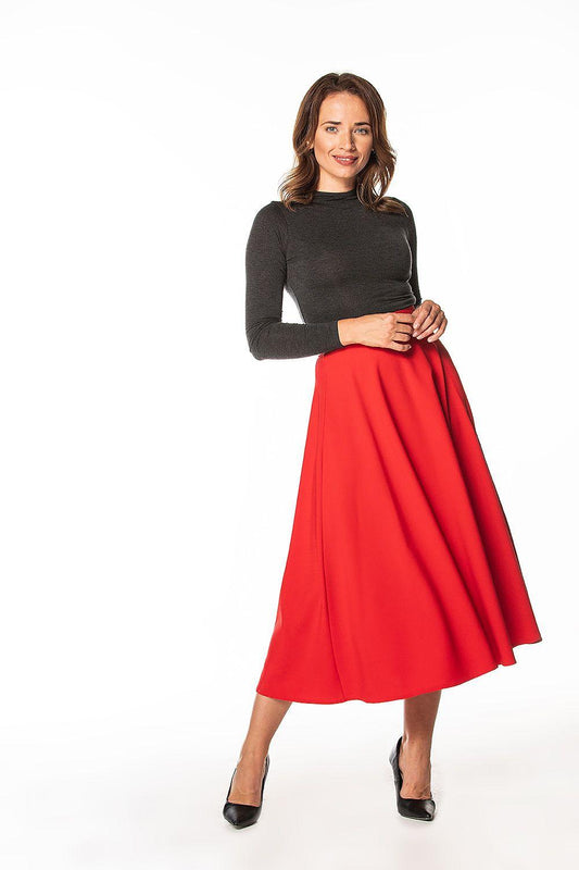 Red pleated midi skirt with flared hem