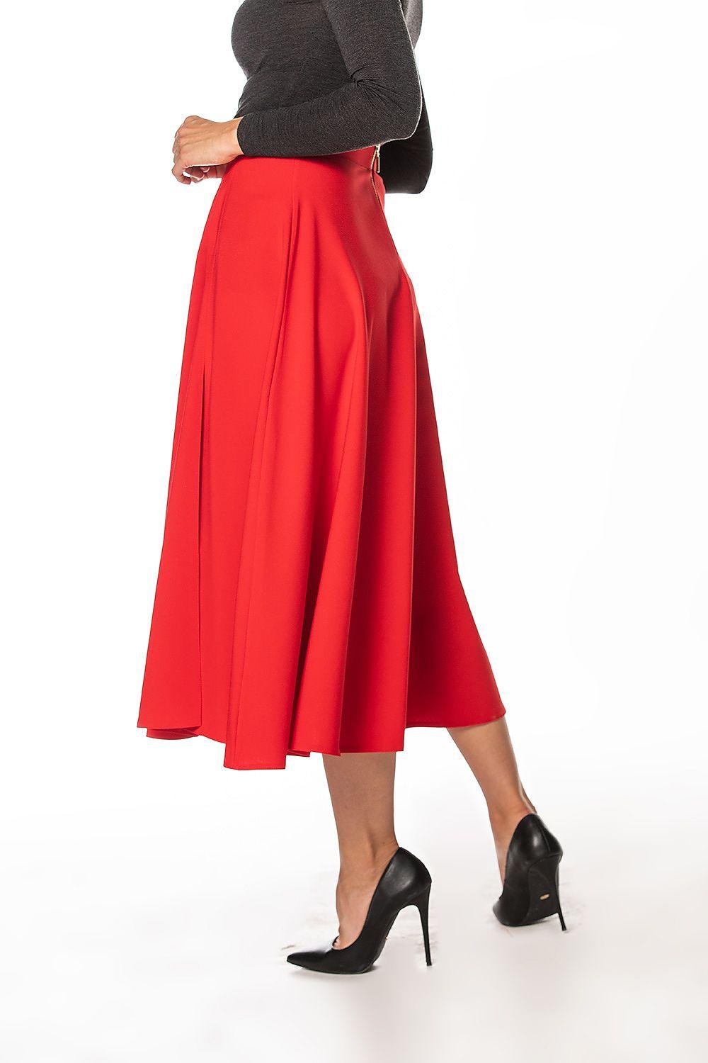 Red midi skirt with side slit and gathered pleats, A-line