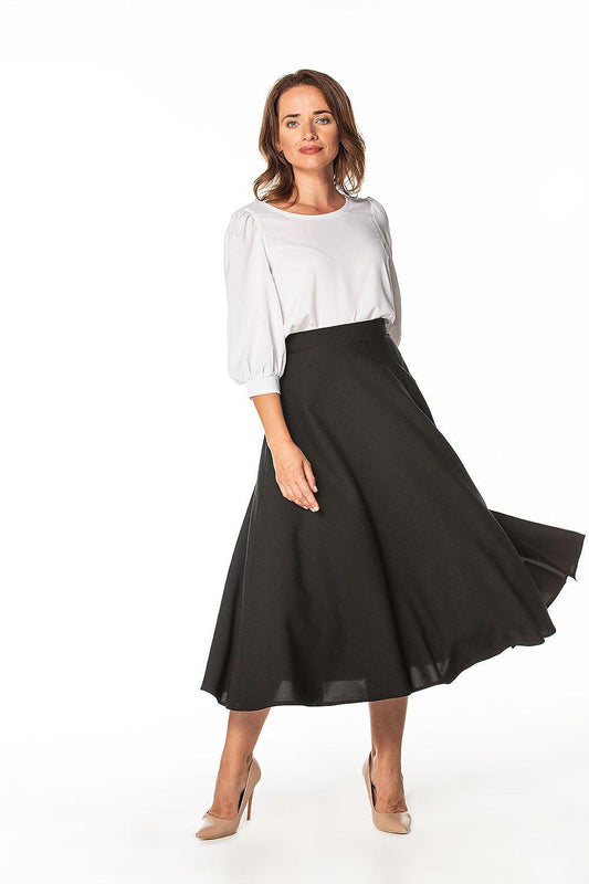Black midi A-line skirt with wide hem and side slit