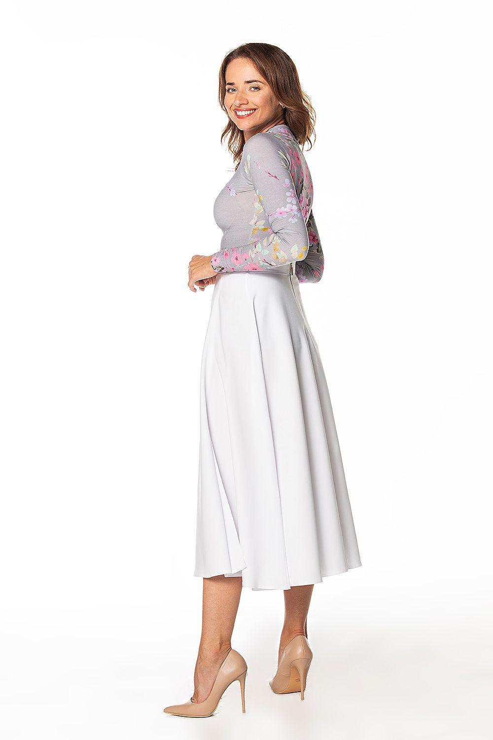 White midi flared skirt with side slit, smooth drape