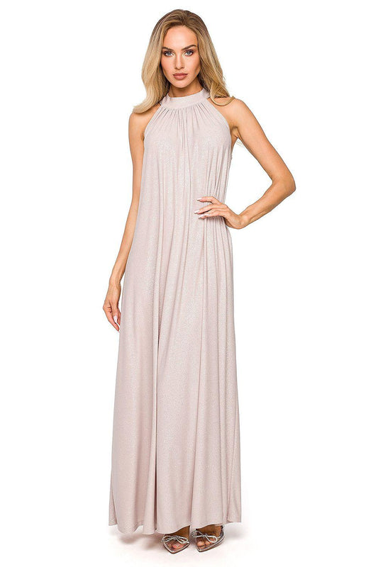 Beige halter evening dress with gathered high neck and flowing maxi skirt