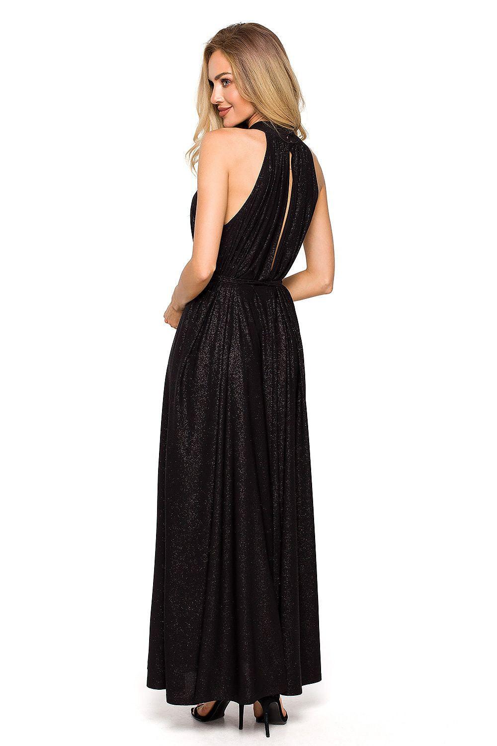 Black halter neck evening maxi dress with open back and gathered skirt
