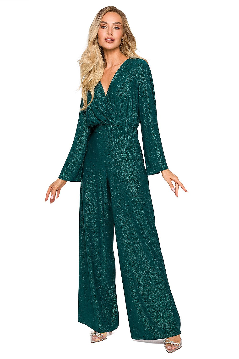 Green shimmer wide-leg jumpsuit with V-neck and long sleeves
