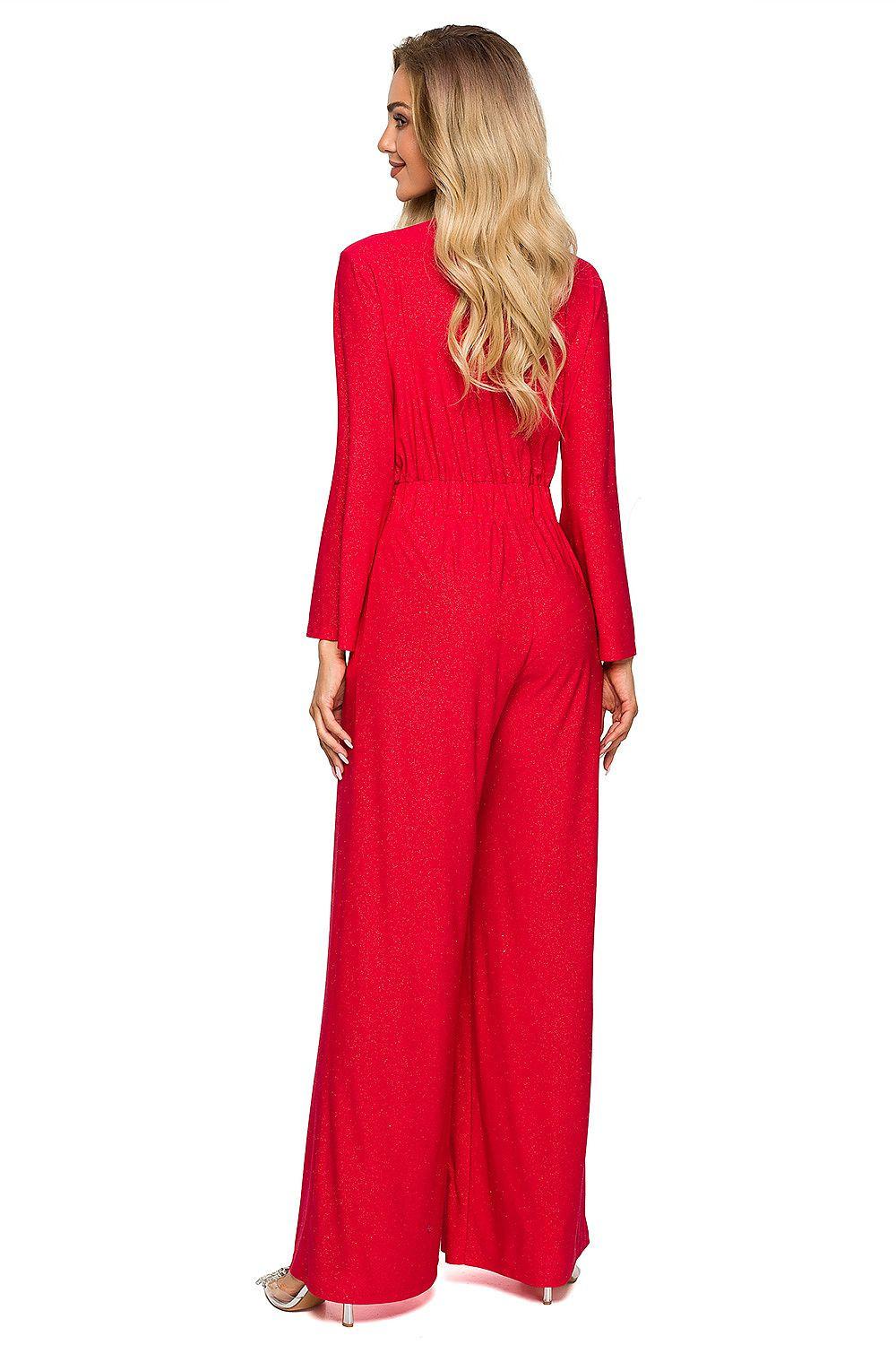 Red long-sleeve V-neck wide-leg jumpsuit with ruched waist, side view