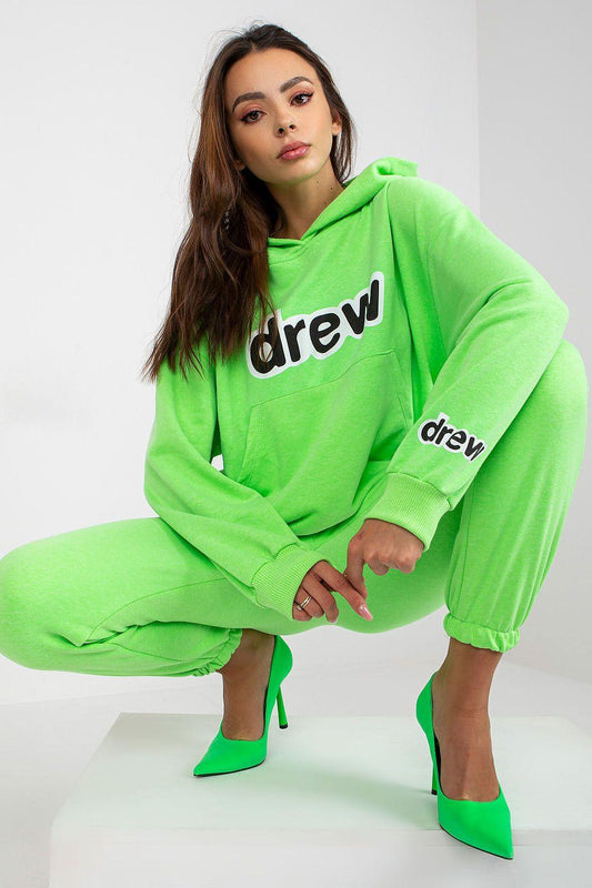 Green hoodie and jogger set with logo print on chest and sleeve