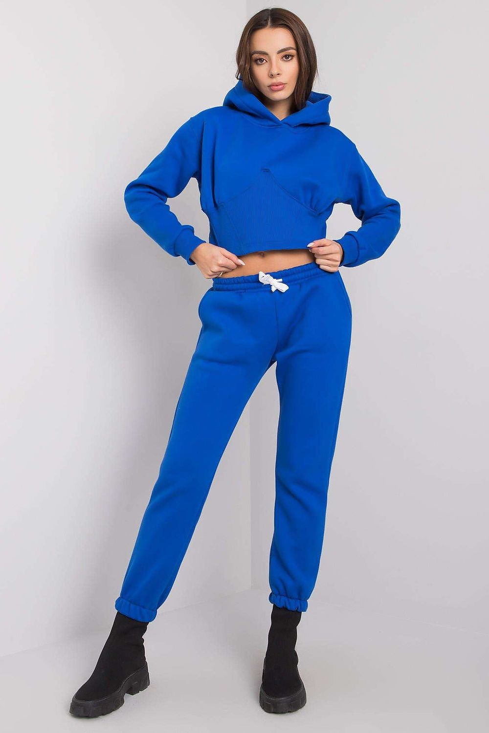 Women's blue hoodie set with cropped hoodie and jogger pants, front drawstring