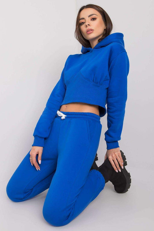 Blue hoodie and jogger set with front pouch, hood, and drawstring waist