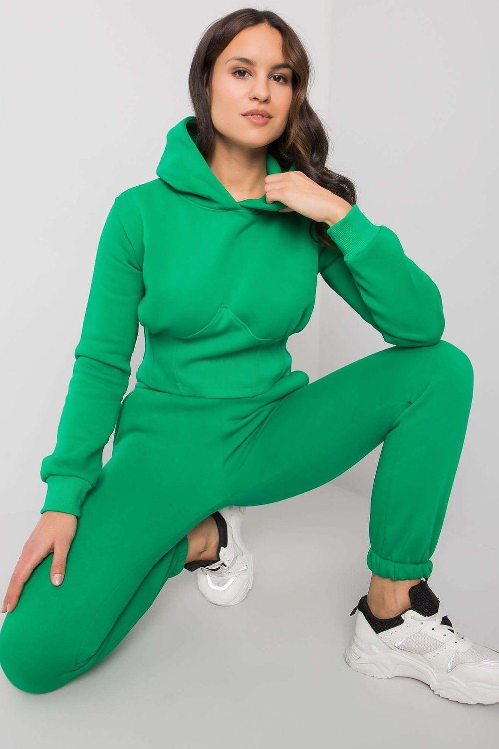 Green cropped hoodie and jogger set with hood and drawstring waist
