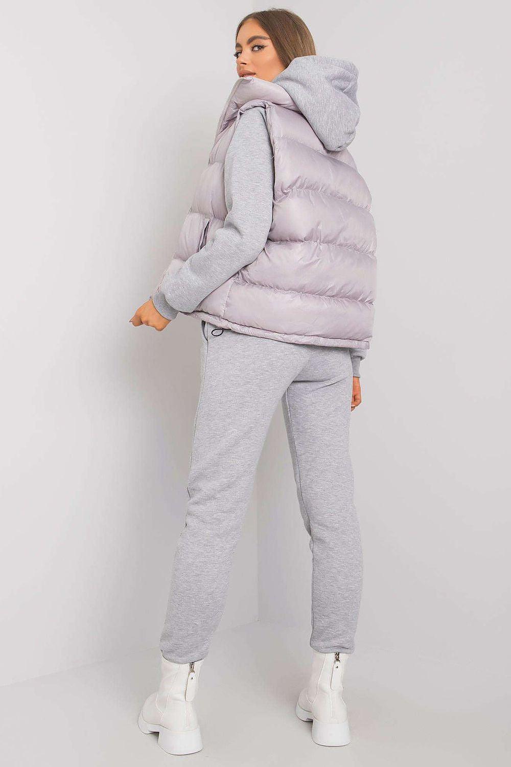Grey puffer jacket and jogger set, hooded with quilted back and tapered sweatpants