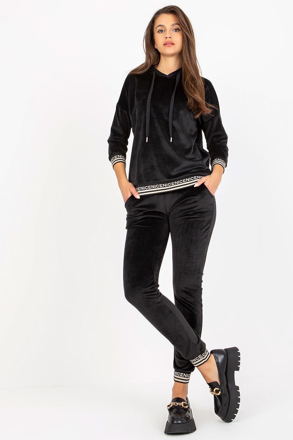 Black velour lounge set: drawstring hoodie and jogger pants with kangaroo pocket