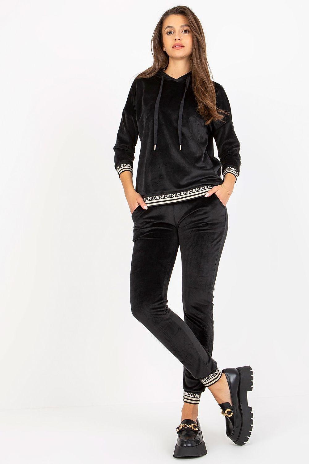 Black velour lounge set: drawstring hooded hoodie with matching jogger pants