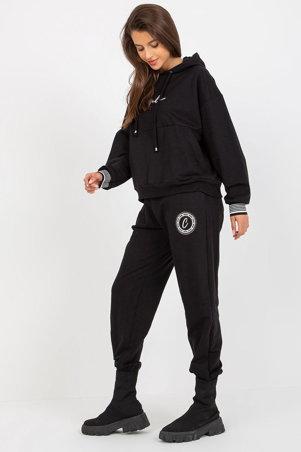 Black hoodie sweatshirt set with drawstring and matching jogger pants