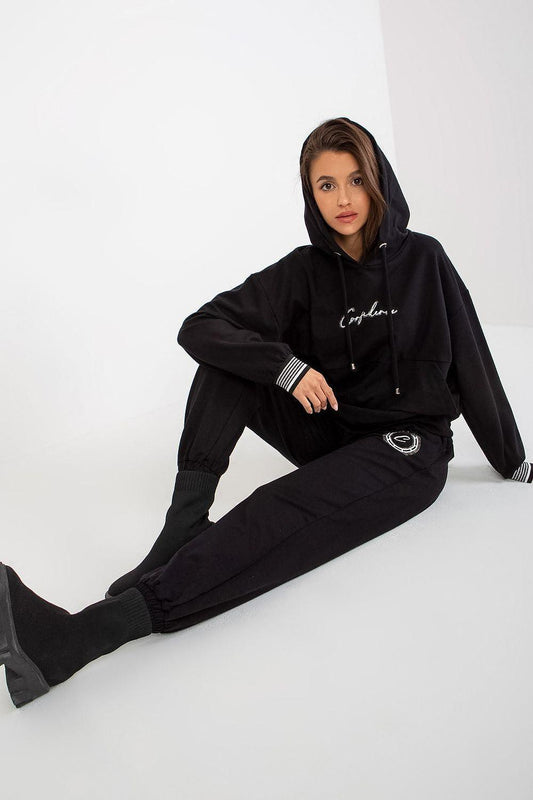 Relevance black tracksuit set, hooded sweatshirt with chest logo and joggers with emblem