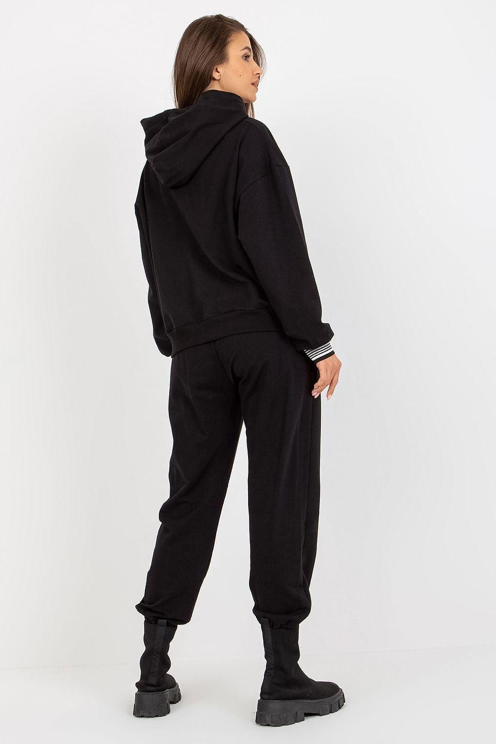 Relevance black tracksuit set, back view of hooded sweatshirt and tapered jogger pants