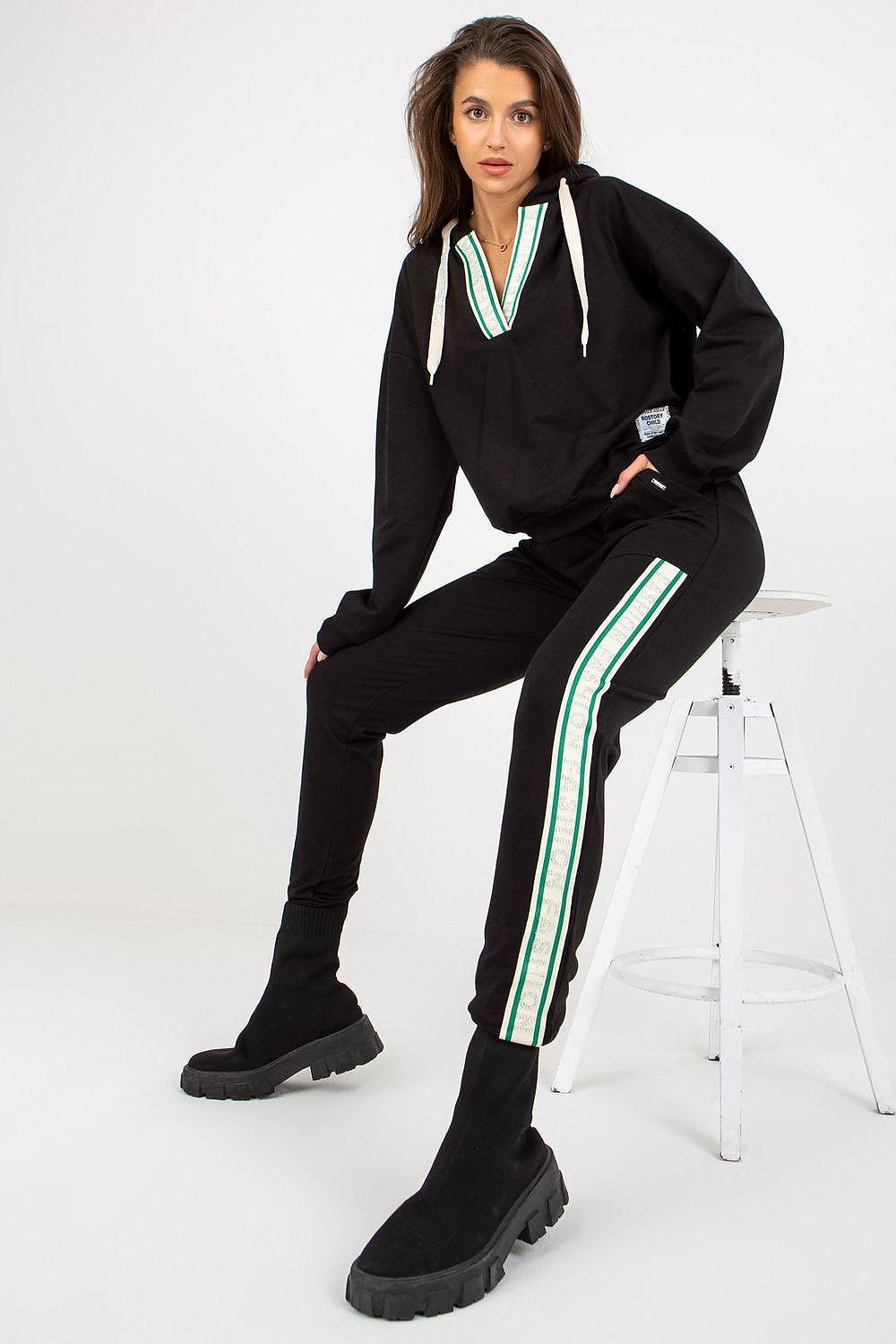 Black cotton blend sweatshirt set with zip hoodie and joggers, light teal side stripes