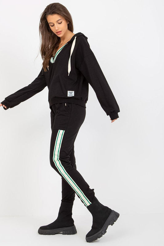 Black tracksuit set with hooded sweatshirt and joggers, white and blue side stripes