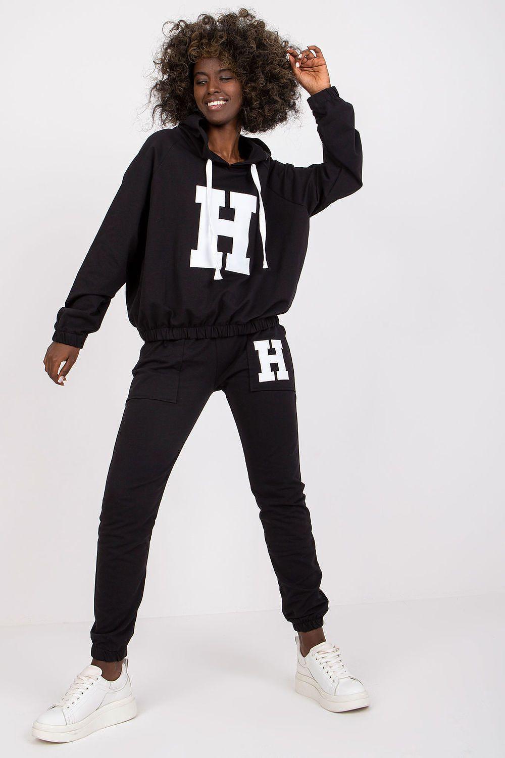 Black hooded sweatshirt and jogger set with white H chest print and elastic waist